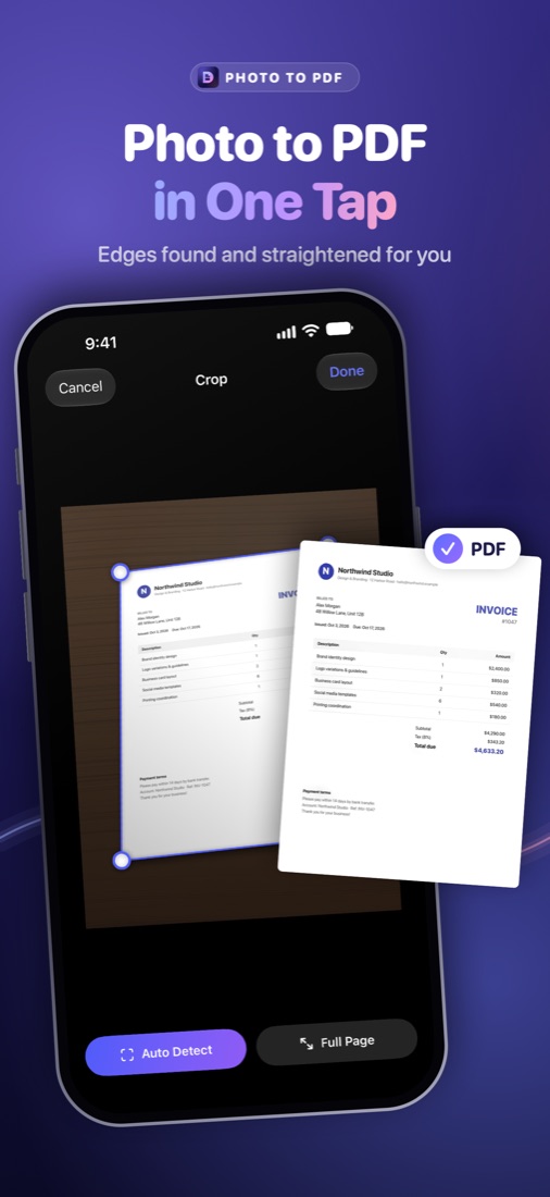 Photo to PDF in one tap: a photo of an invoice becomes a clean PDF
