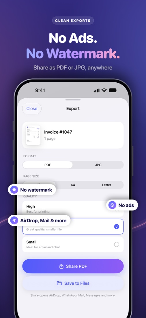 No ads, no watermark: export as PDF or JPG